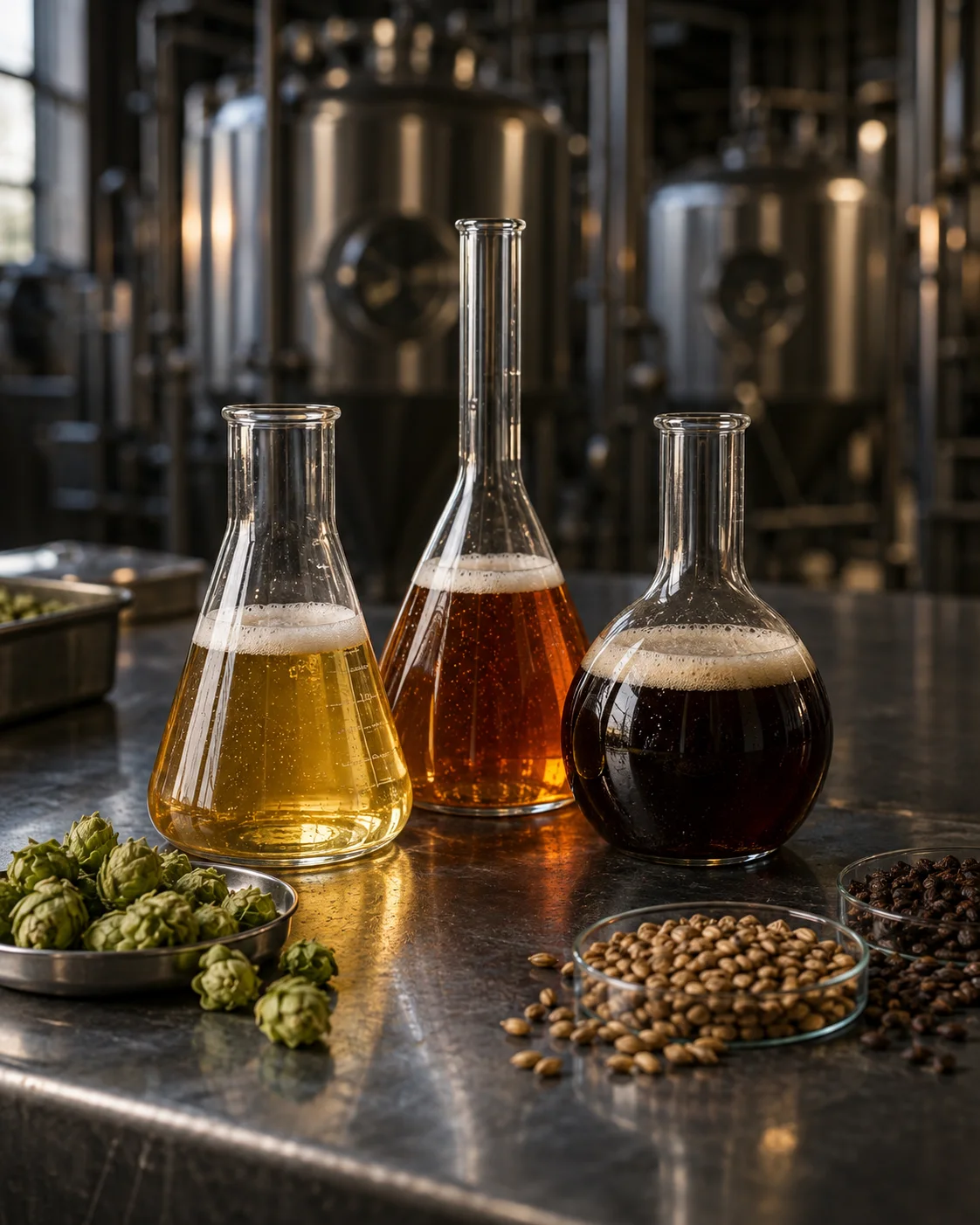Three beer samples in laboratory glassware, with hops and malt on a brewery workbench
